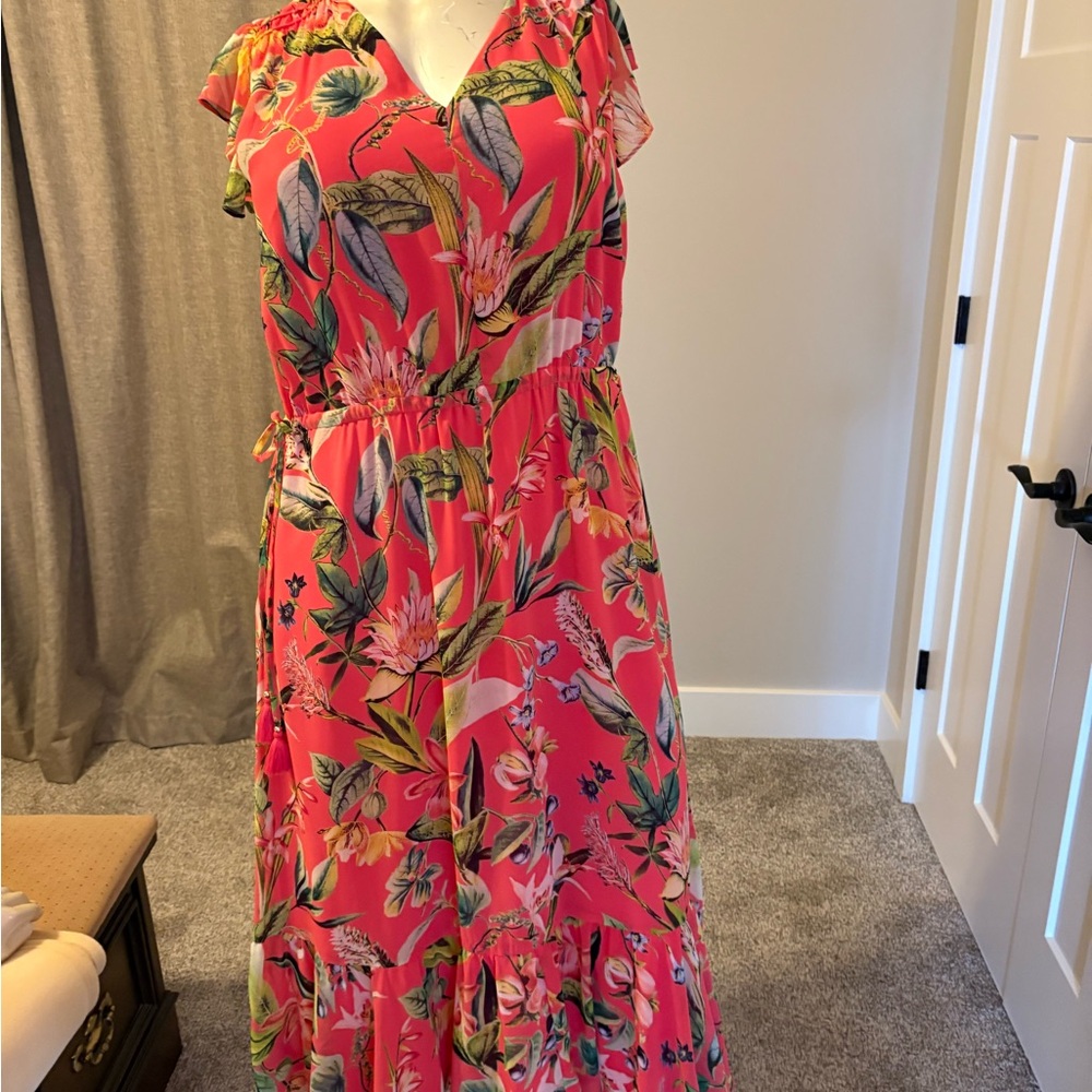 Chico's Coral Pink Tropical-Print Maxi Dress